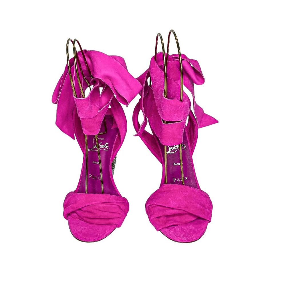 Christian Louboutin Lipqueen Pink Suede Crystal Heel Sandals EU 37 Ankle Wrap - Picture 2 of 10